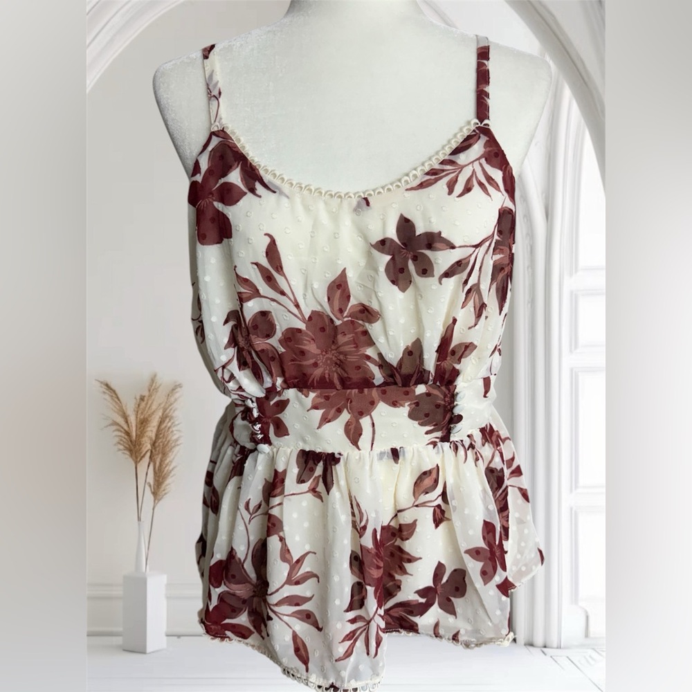 Torrid Peplum Clip Dot Shirred Bust Lace Trim Sleeveless Floral Print Top Sz Med